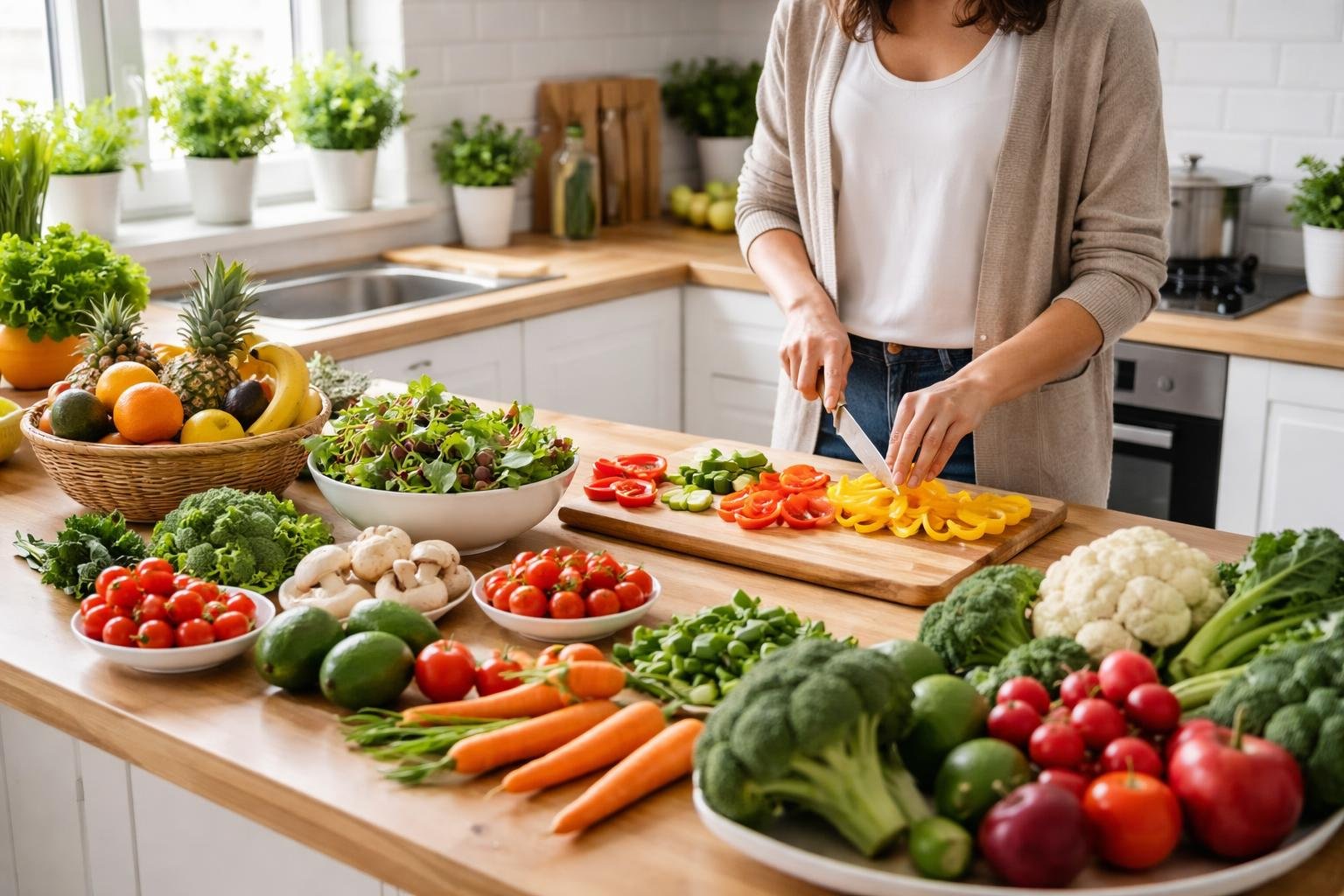 A person chopping fresh vegetables on a wooden countertop in a bright, modern kitchen with fruits, plants, and stainless steel appliances.