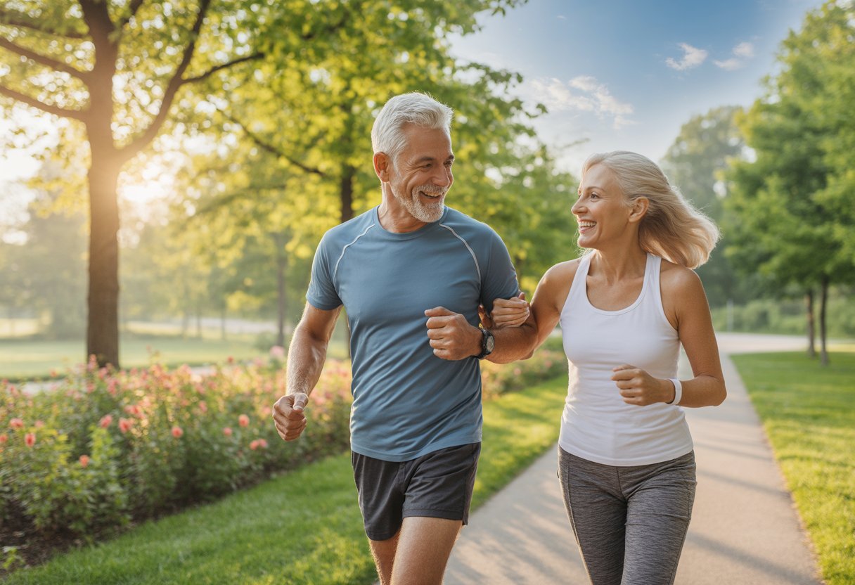 A smiling senior man and woman walking briskly in a sunny park surrounded by trees and flowers.