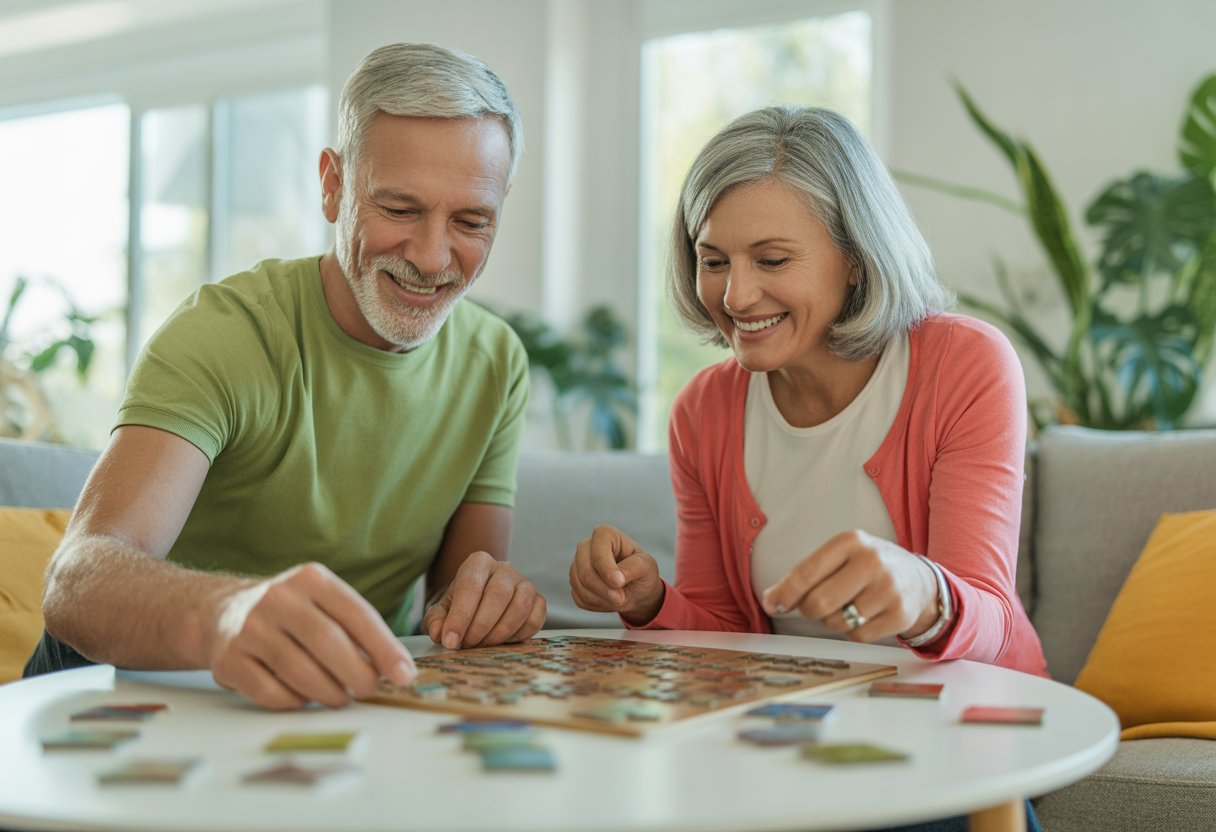 An older man and woman sitting at a table working together on a puzzle in a bright living room.