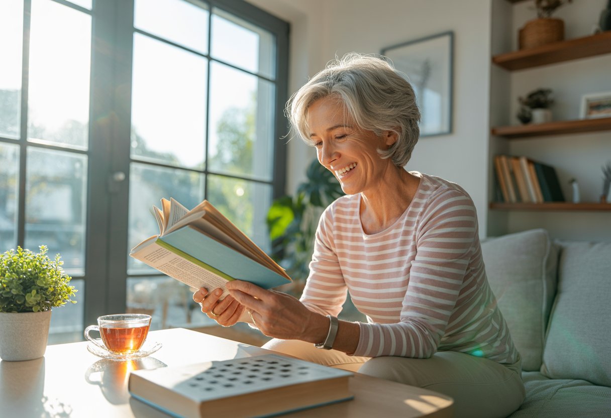 An older adult smiling and focused while reading a book in a bright living room with sunlight and plants.