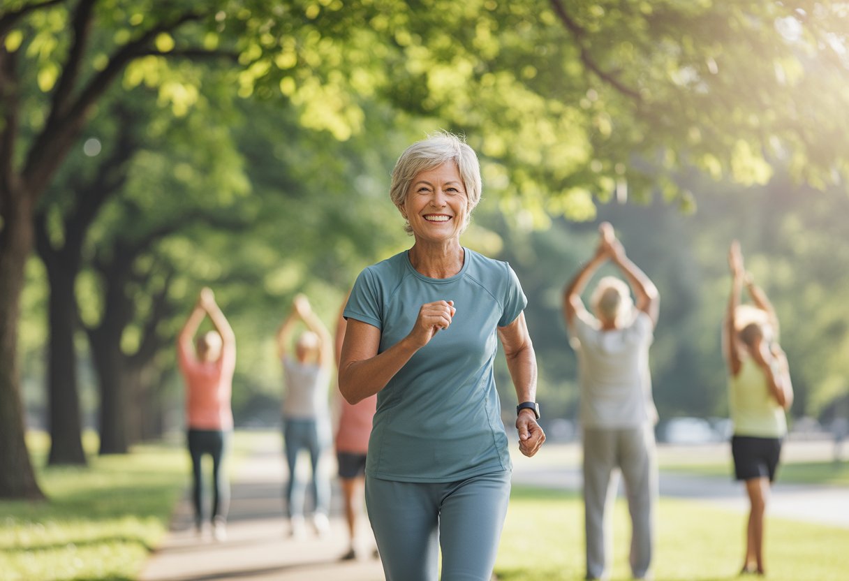 An older woman walking briskly on a sunny park path surrounded by trees, with other mature adults exercising in the background.