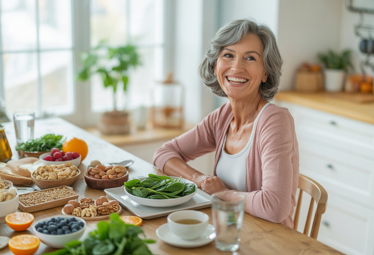 A smiling senior woman sitting at a kitchen table with various healthy foods like fruits, nuts, and leafy greens.