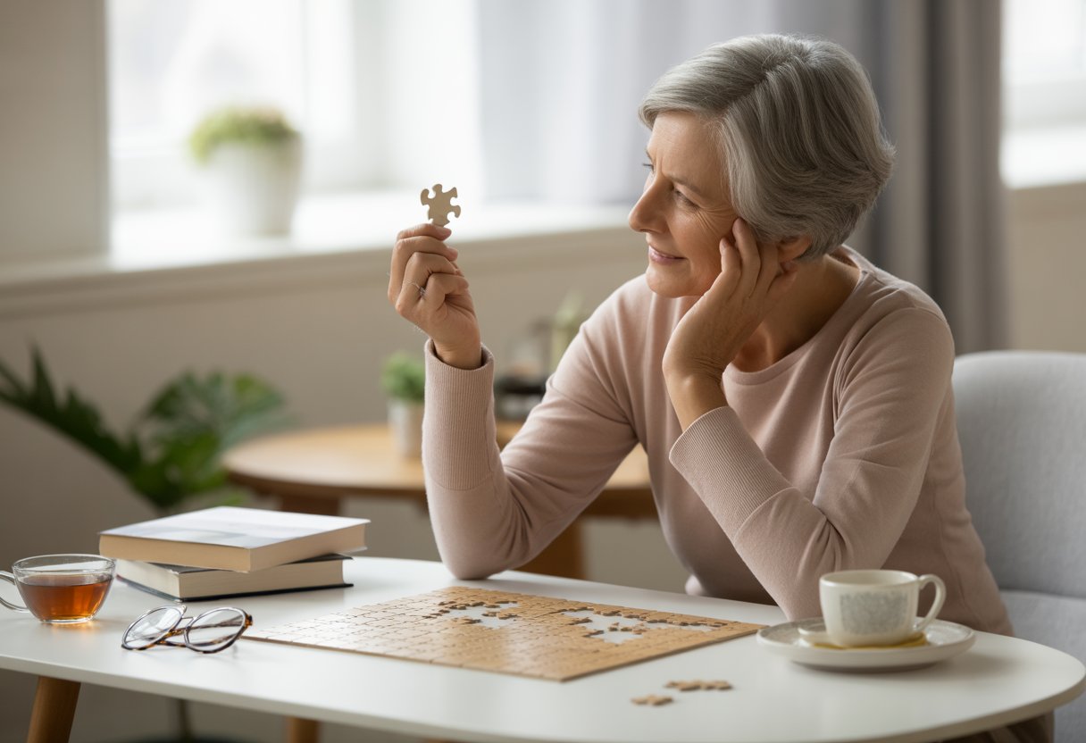 Elderly woman sitting at a table working on a jigsaw puzzle in a bright living room with books and a cup of tea nearby.