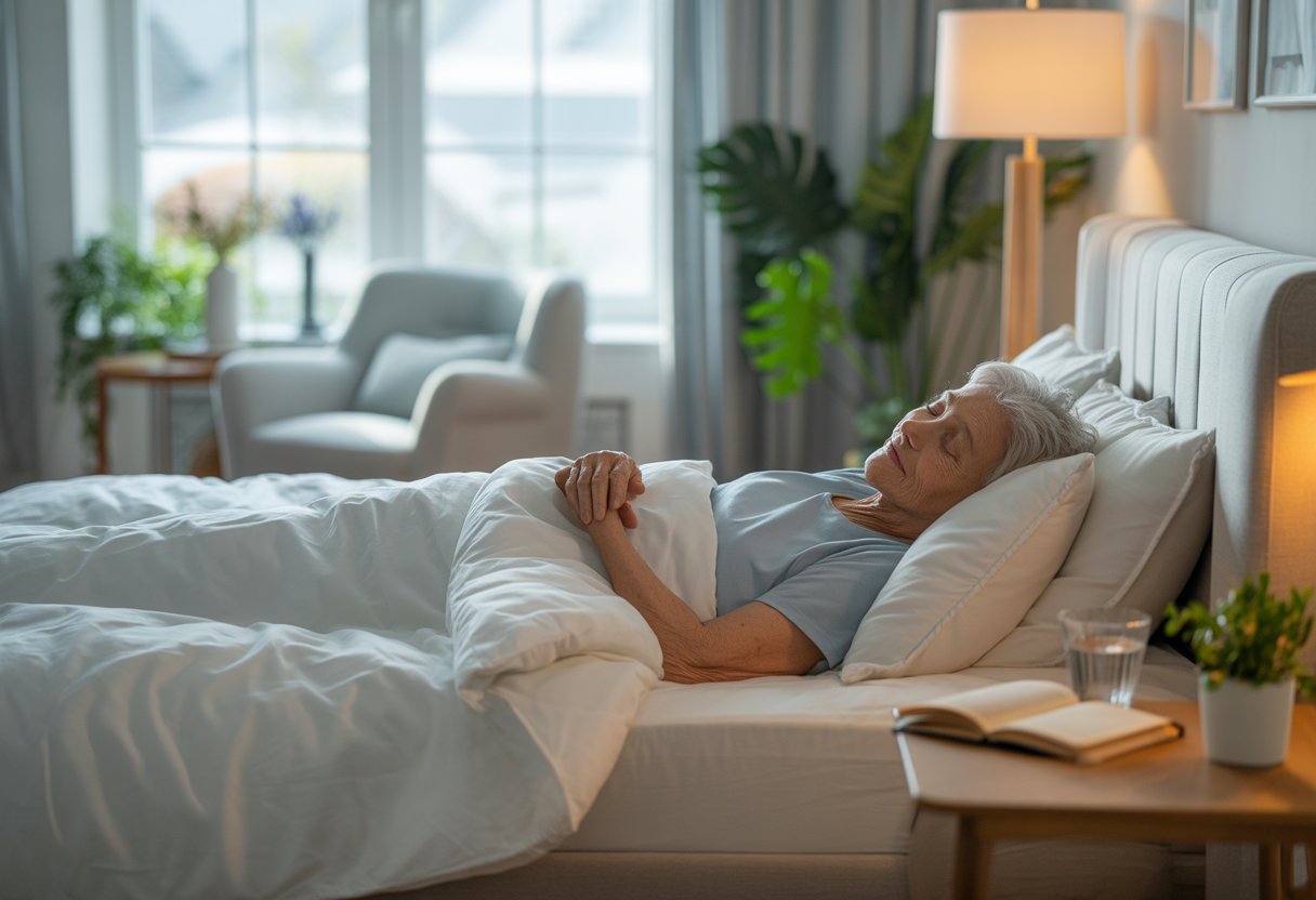 An elderly person peacefully resting in a bright, comfortable bedroom with natural light and calming decor.