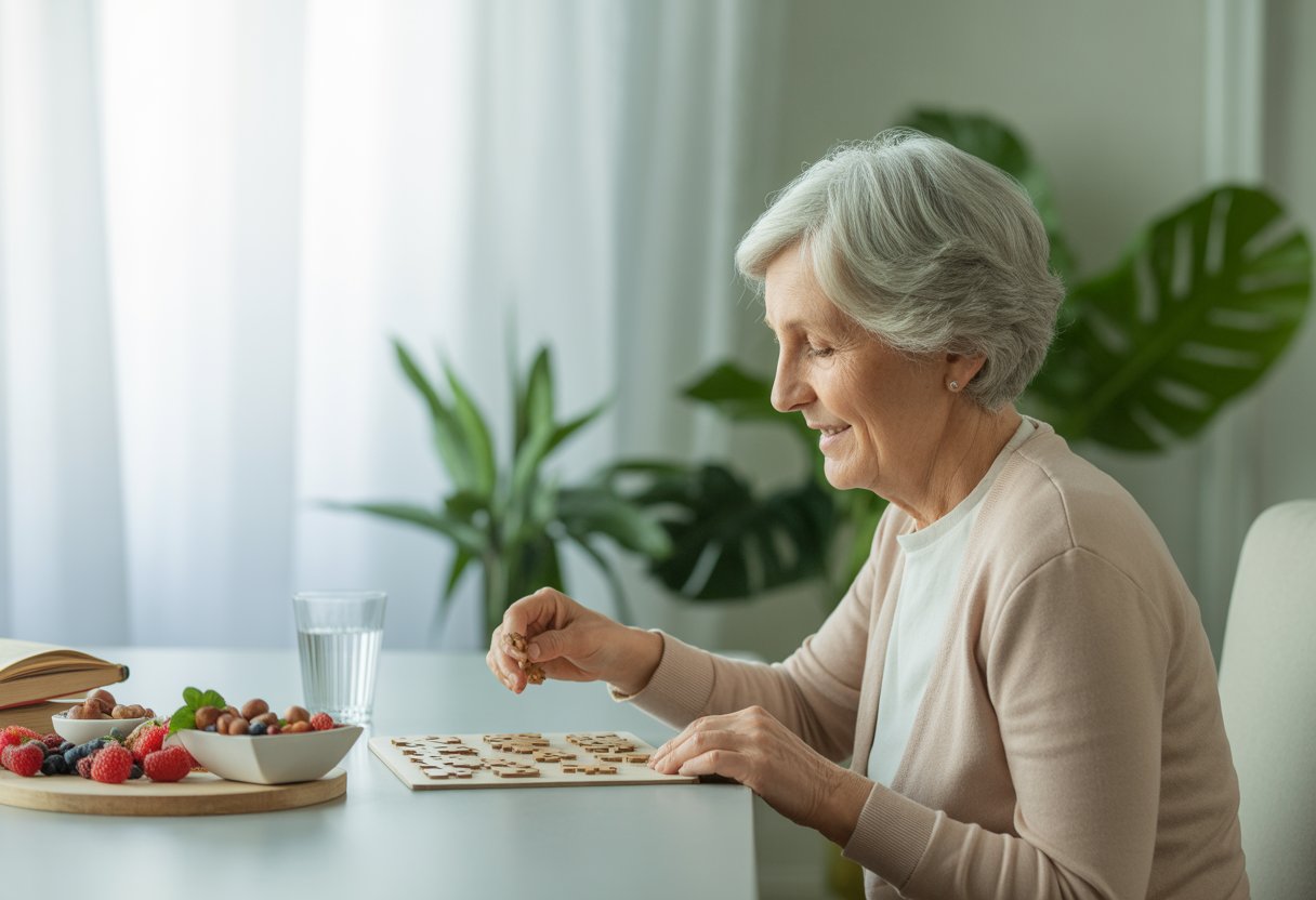 An elderly person sitting at a table doing a puzzle with healthy food and a plant nearby in a bright living room.