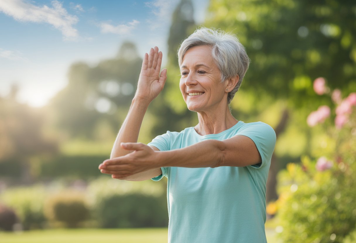 An older adult practicing gentle stretching outdoors in a sunny park surrounded by trees and flowers.