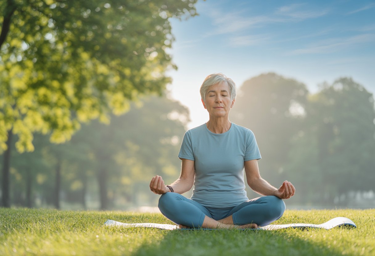 An older adult sitting cross-legged in a park, meditating with eyes closed, surrounded by trees and sunlight.