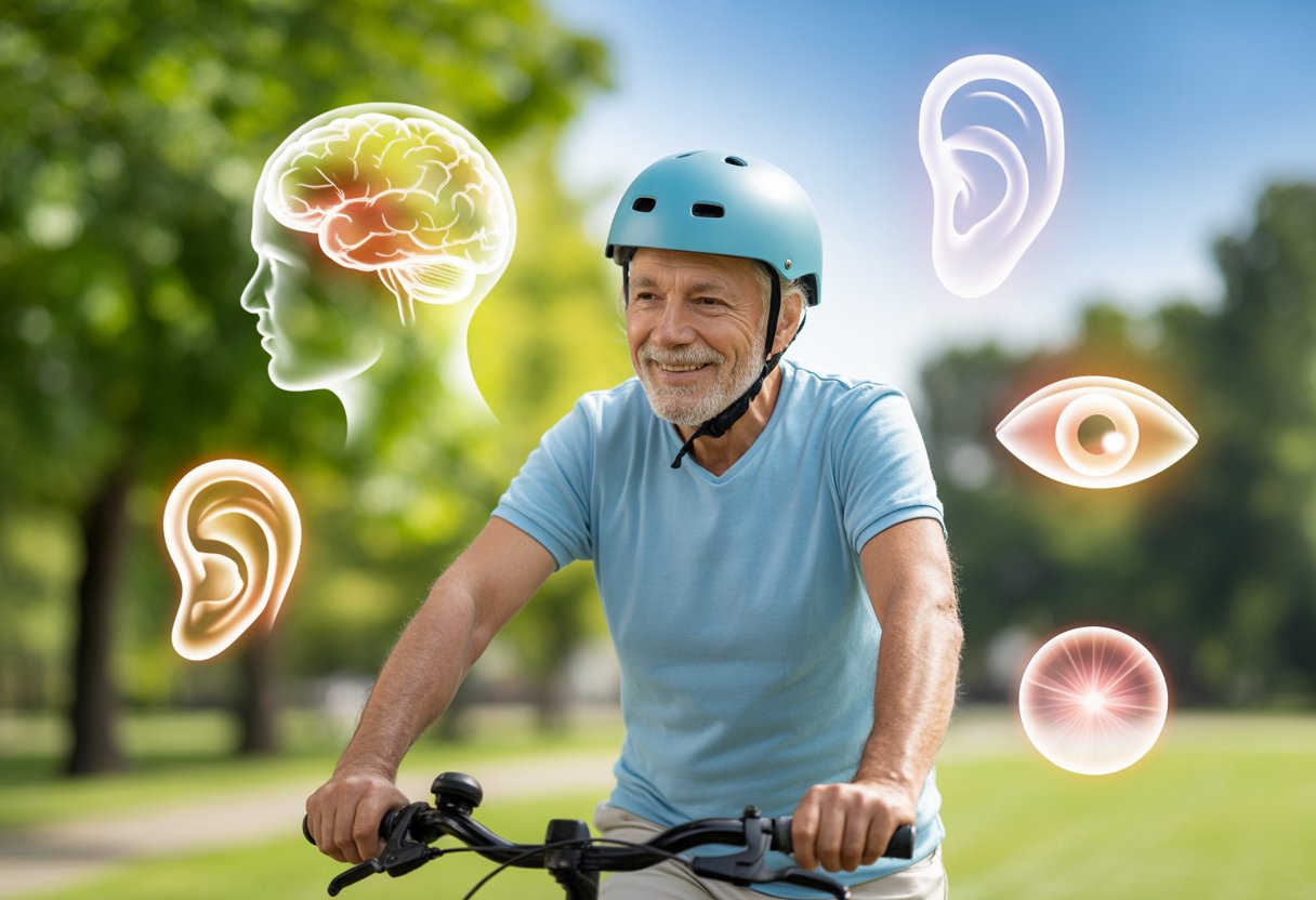 An elderly person wearing a helmet while riding a bicycle outdoors in a park with trees and clear sky.