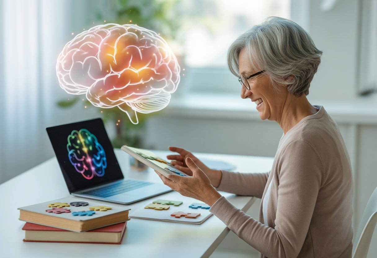 An older woman using a tablet with brain-related graphics around her, symbolizing mental stimulation and cognitive training.