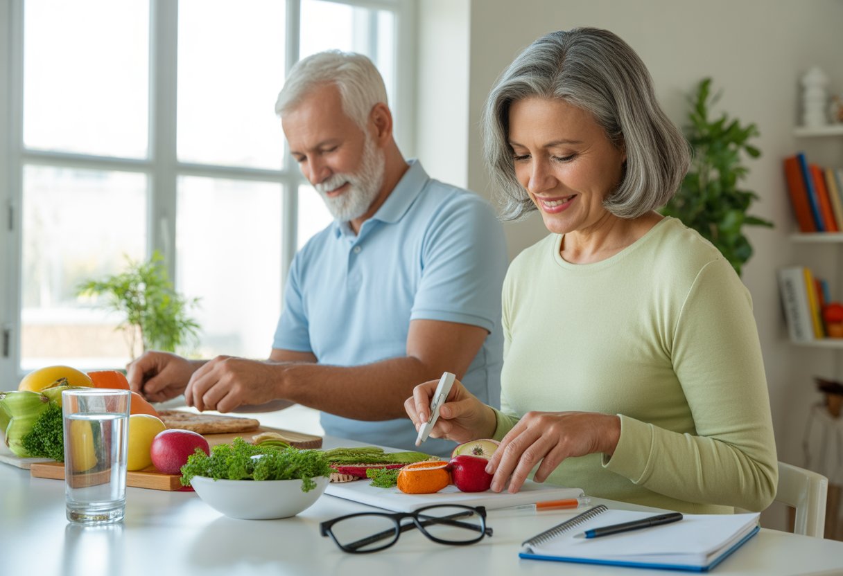An older man and woman preparing a healthy meal together in a bright kitchen.