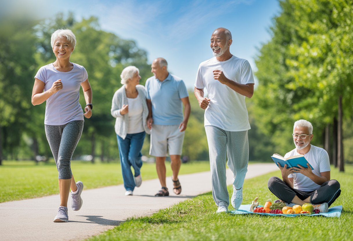 A group of healthy older adults outdoors in a park, jogging, doing yoga, walking together, eating fresh food, and reading.