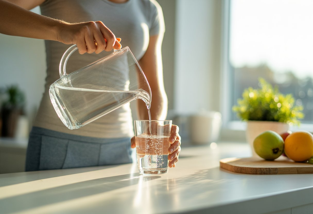 A middle-aged person pouring a glass of water in a sunlit kitchen with fresh fruits on the counter.