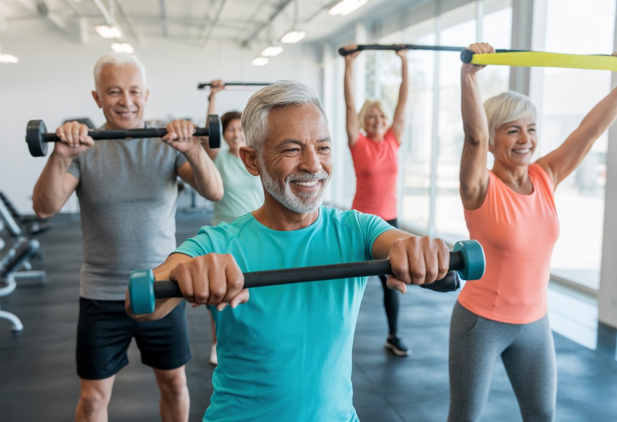 A group of older adults exercising with weights and resistance bands in a bright gym.