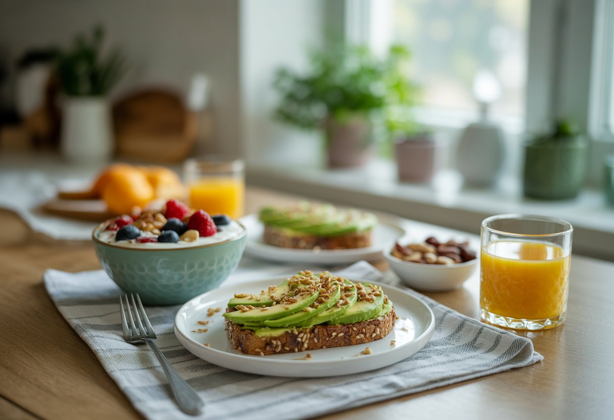 A kitchen table with a balanced breakfast including Greek yogurt with berries and nuts, avocado toast, orange juice, and mixed nuts in natural morning light.