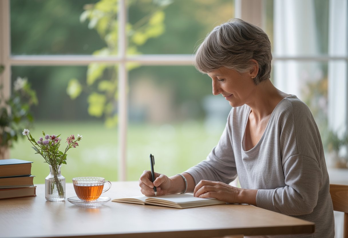 A middle-aged person writing in a journal at a wooden table by a window with natural light and a cup of tea nearby.