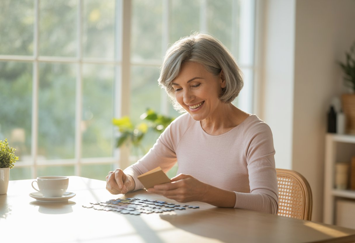 A mature adult sitting at a table by a window, engaged in reading a book with a cup of tea and a plant nearby.