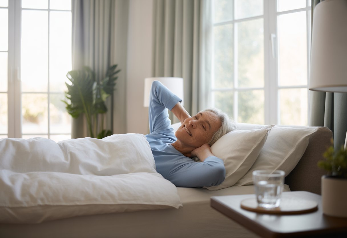 An older adult waking up peacefully in a bright bedroom, stretching with a gentle smile.
