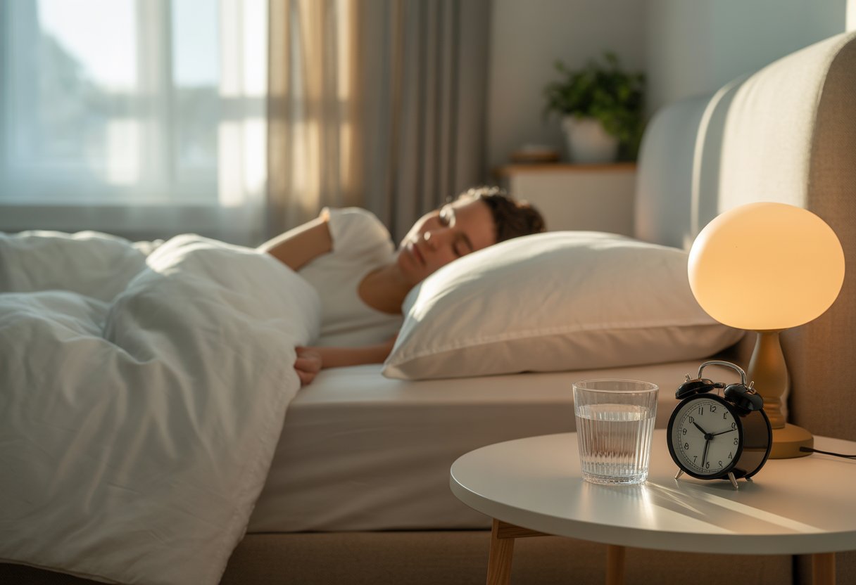 A peaceful bedroom with a neatly made bed and soft morning light filtering through a window, showing a person sleeping peacefully.