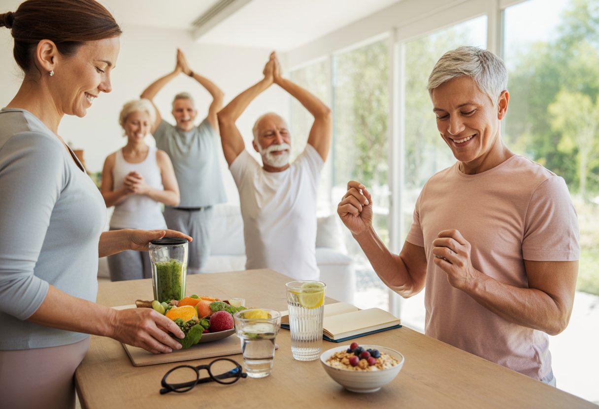 A diverse group of adults engaging in healthy morning activities like stretching and preparing a nutritious smoothie in a bright room with natural light.