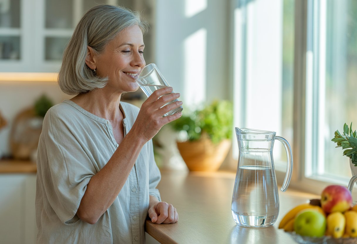 An older woman drinking a glass of water in a bright kitchen with sunlight coming through the window.