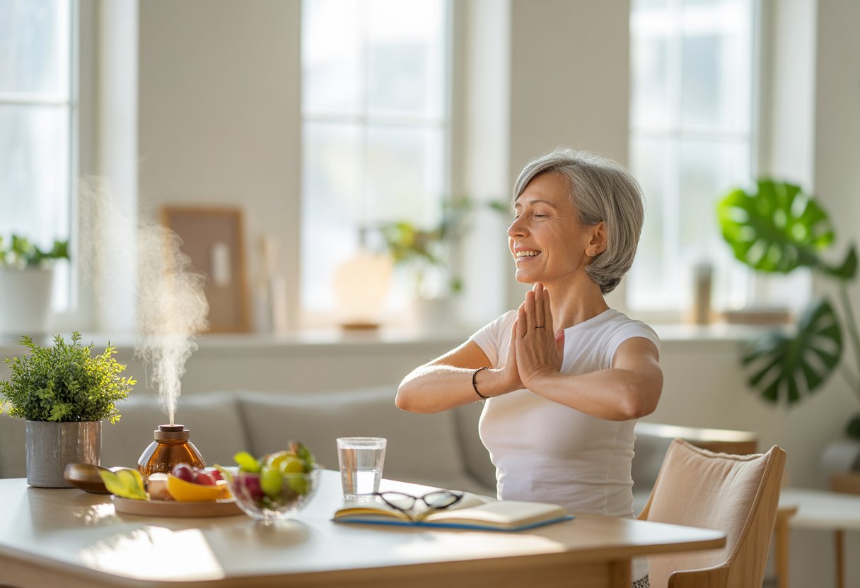 A smiling older woman doing gentle yoga in a sunlit room with a healthy breakfast and plants nearby.
