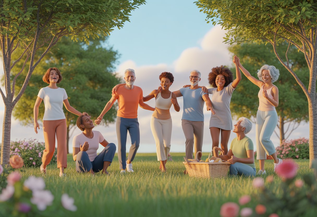 A joyful group of people of different ages enjoying a sunny day in a park, engaging in activities like walking, yoga, and sharing a picnic.