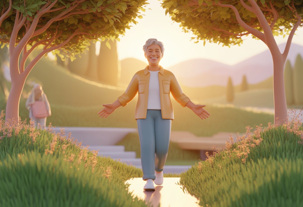 A middle-aged person standing on a sunlit path surrounded by trees and flowers, smiling and welcoming the future.