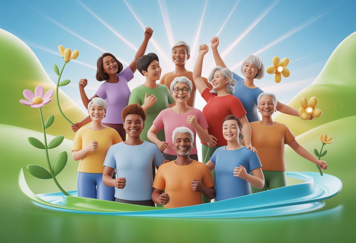 A group of people of different ages happily interacting outdoors surrounded by nature and symbols of vitality.