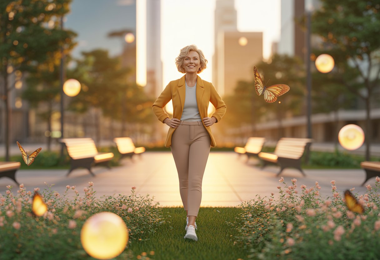 A confident mature woman standing in a sunlit park with blooming flowers and butterflies around her, with a city skyline in the background.