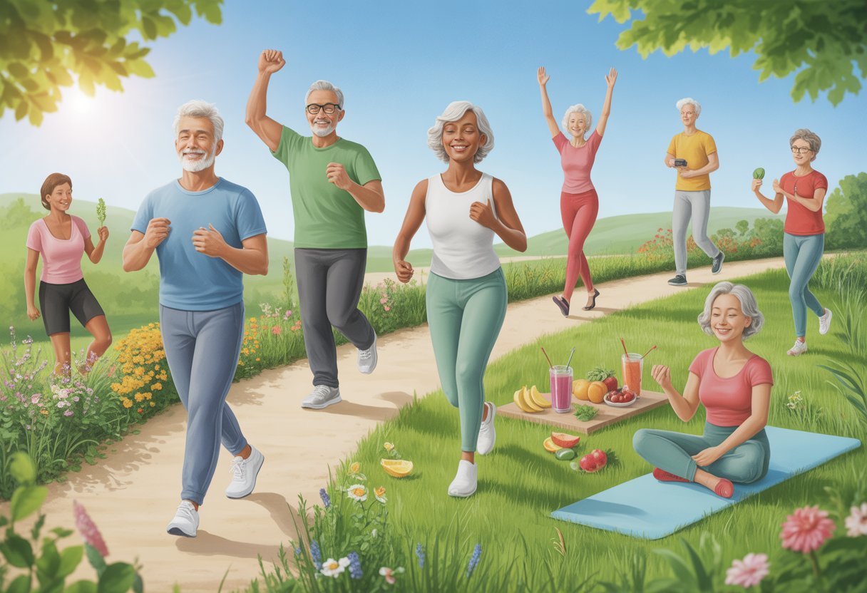 A group of mature adults enjoying outdoor activities like walking, yoga, and sharing healthy food in a sunny park surrounded by greenery and hills.