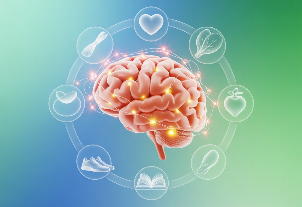 A glowing human brain surrounded by icons of a heart, vegetables, a book, and running shoes, symbolizing mental sharpness and health for people over 50.