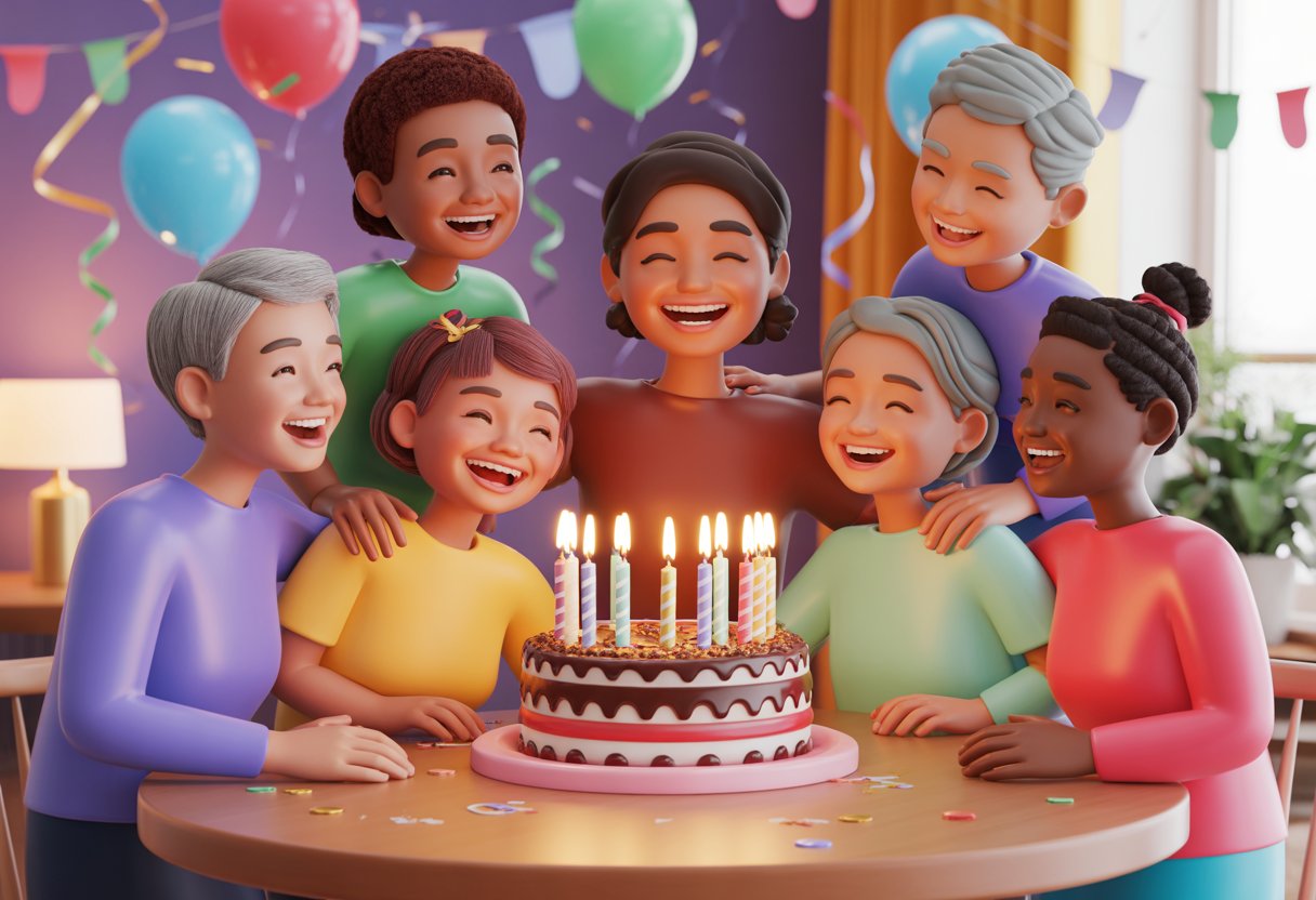 A group of people of different ages happily celebrating a birthday around a decorated cake with candles and festive decorations.