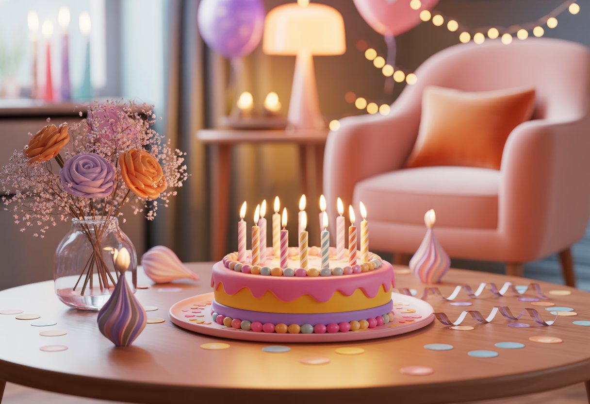 A cozy room with a decorated birthday table featuring a cake with lit candles, flowers, balloons, and a comfortable armchair in the background.