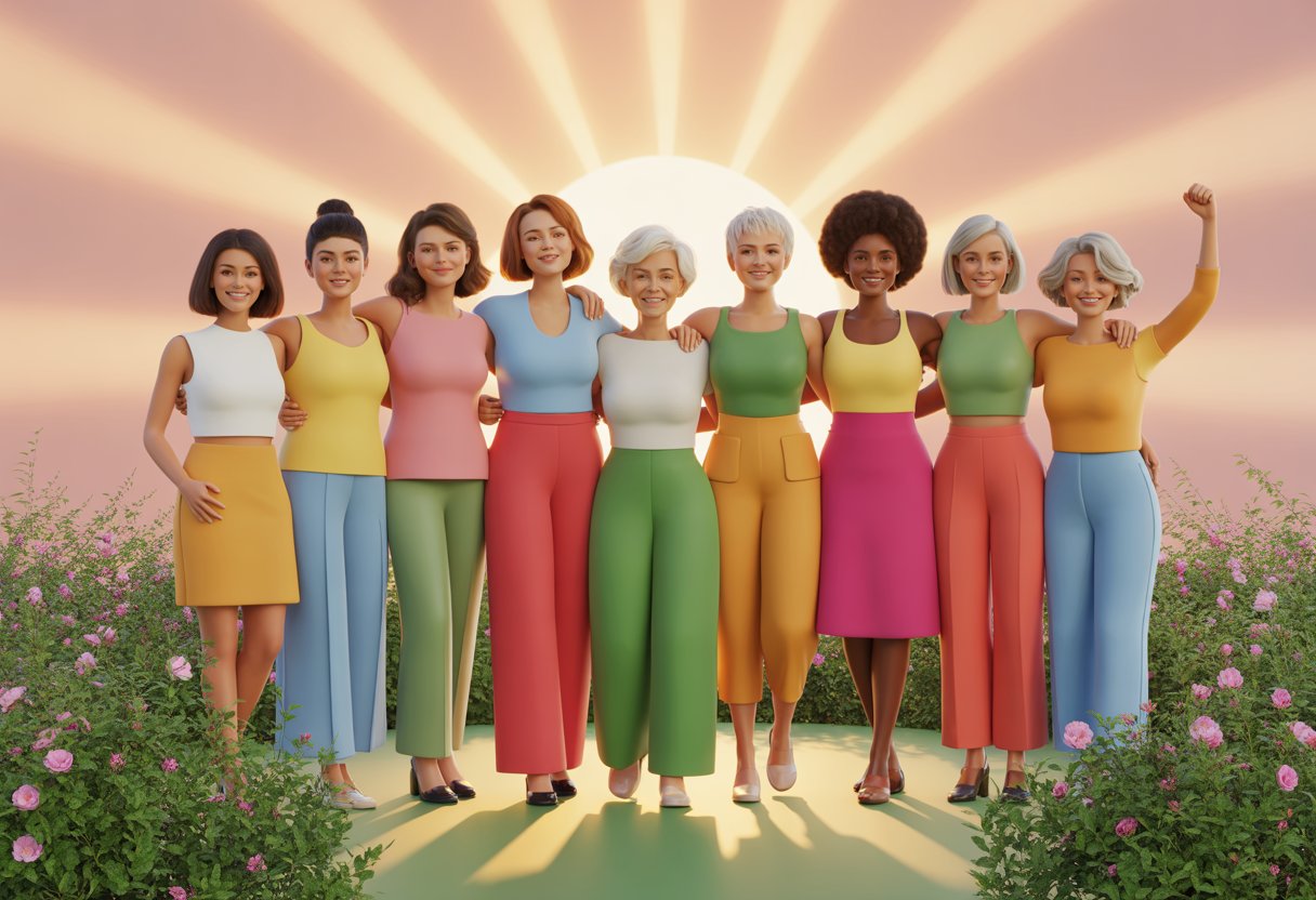 A group of women of different ages standing together outdoors, smiling and looking confident, surrounded by greenery and sunlight.