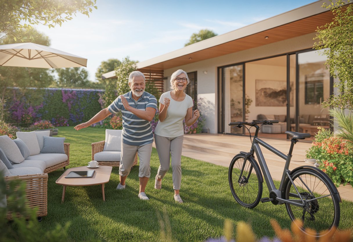 An older couple enjoying gardening and stretching in a sunny garden outside a modern home, surrounded by greenery and flowers.