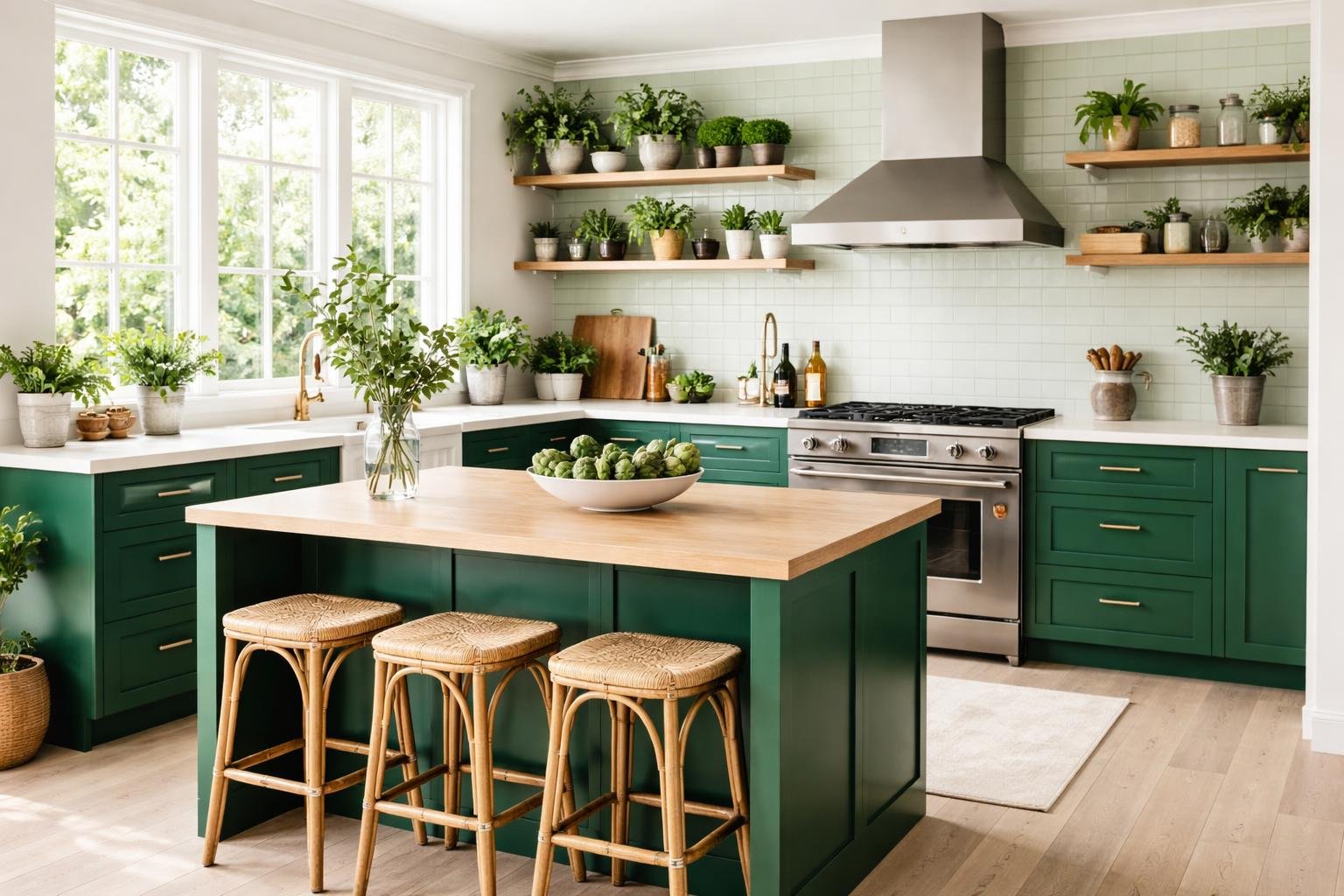 A modern kitchen with green cabinets, wooden countertops, potted plants, and natural sunlight coming through large windows.