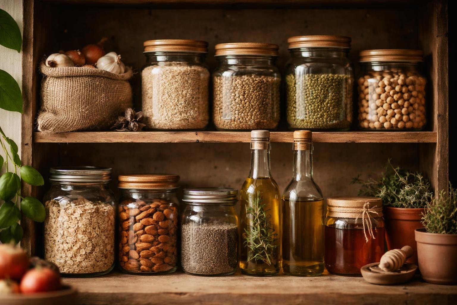 A neatly arranged kitchen pantry shelf displaying various healthy staples like grains, nuts, seeds, olive oil, honey, and dried herbs in glass jars and containers.