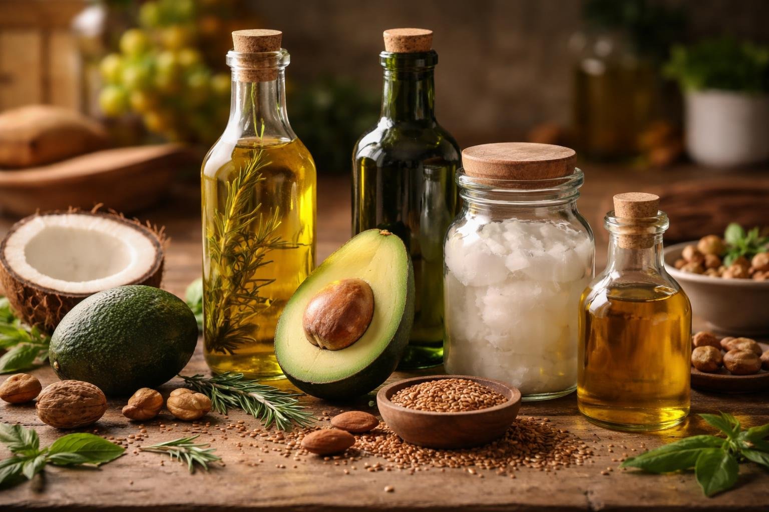 A close-up view of various bottles of cooking oils and fresh ingredients like avocados and nuts arranged on a wooden kitchen countertop.