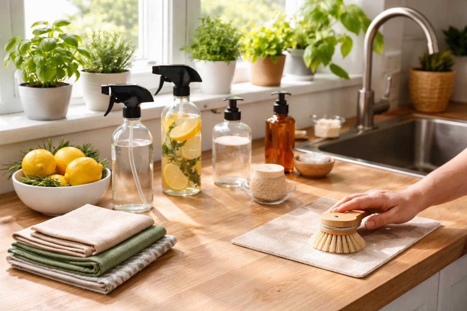 A clean kitchen countertop with eco-friendly cleaning supplies, plants on the windowsill, and hands wiping the surface with a bamboo brush.