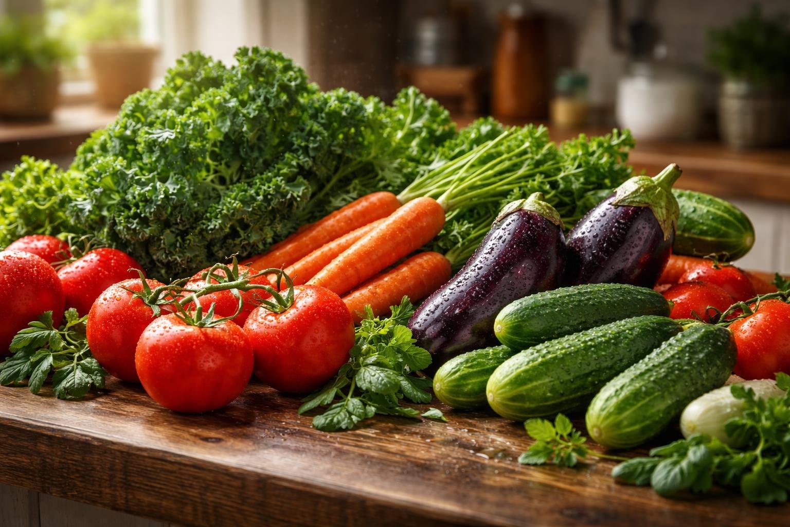 A close-up view of fresh vegetables including tomatoes, kale, carrots, eggplants, and cucumbers arranged on a wooden kitchen countertop.