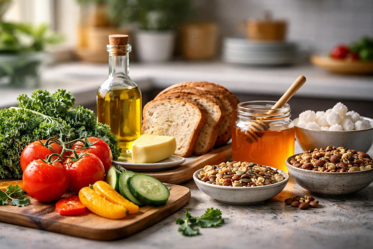 A kitchen countertop displaying fresh vegetables, olive oil, whole grain bread, nuts, and honey arranged as healthy food swaps.