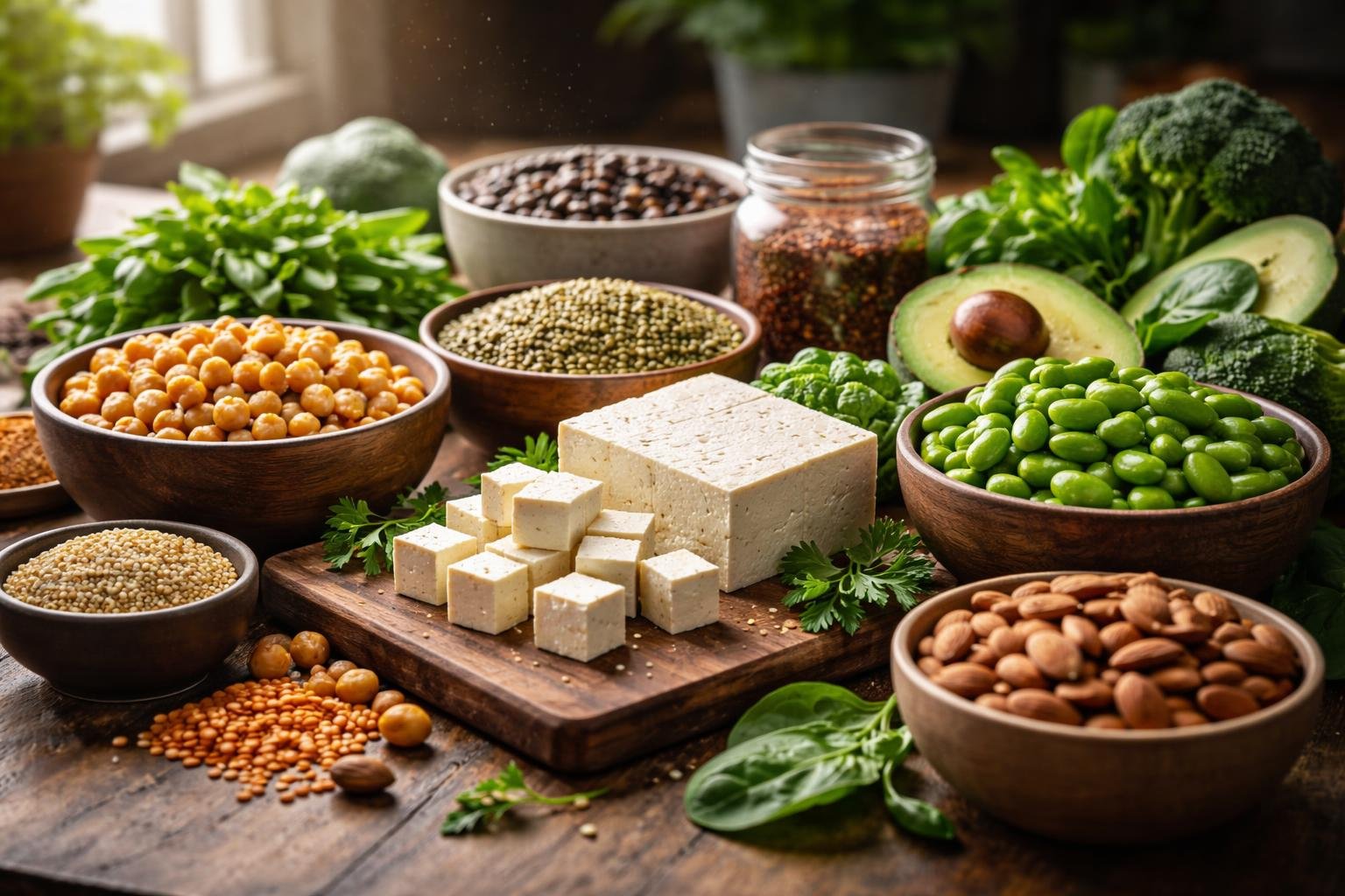 A variety of fresh lean and plant-based protein foods including tofu, chickpeas, lentils, quinoa, edamame, almonds, and leafy greens arranged on a wooden kitchen counter.