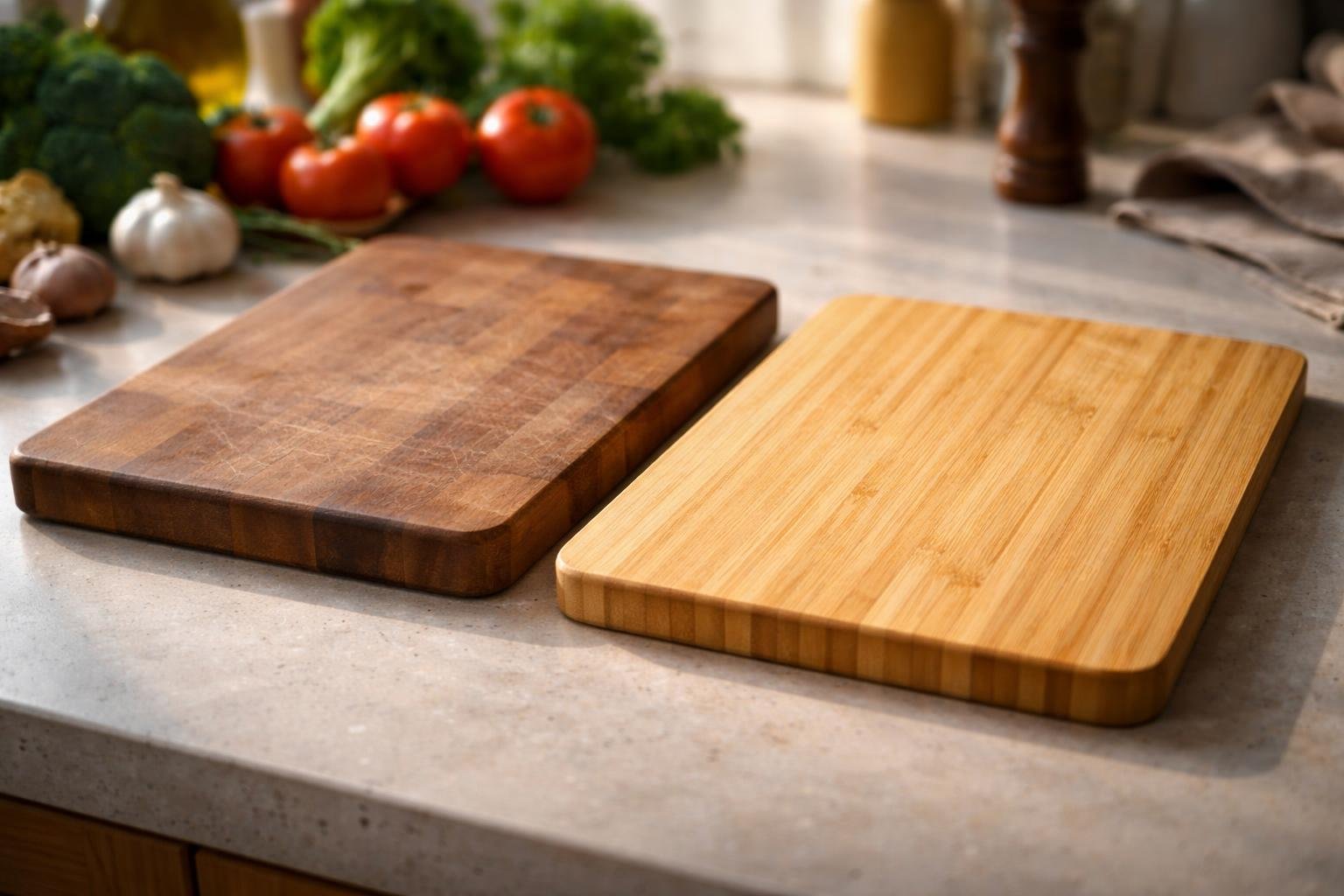 A wooden cutting board and a bamboo cutting board on a kitchen countertop with fresh vegetables and utensils in the background.
