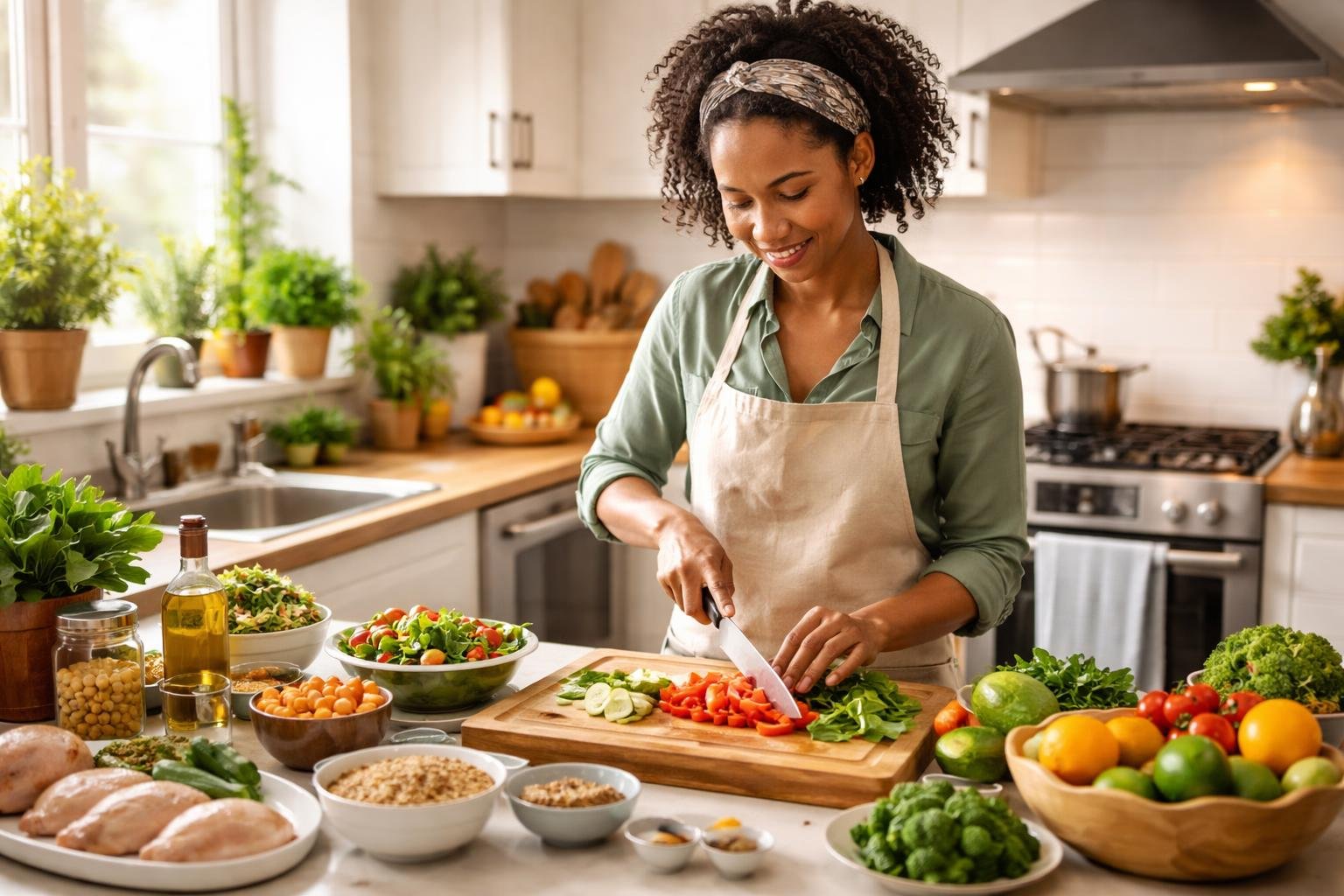 A person preparing a healthy meal in a bright kitchen with fresh vegetables and cooking tools on the countertop.