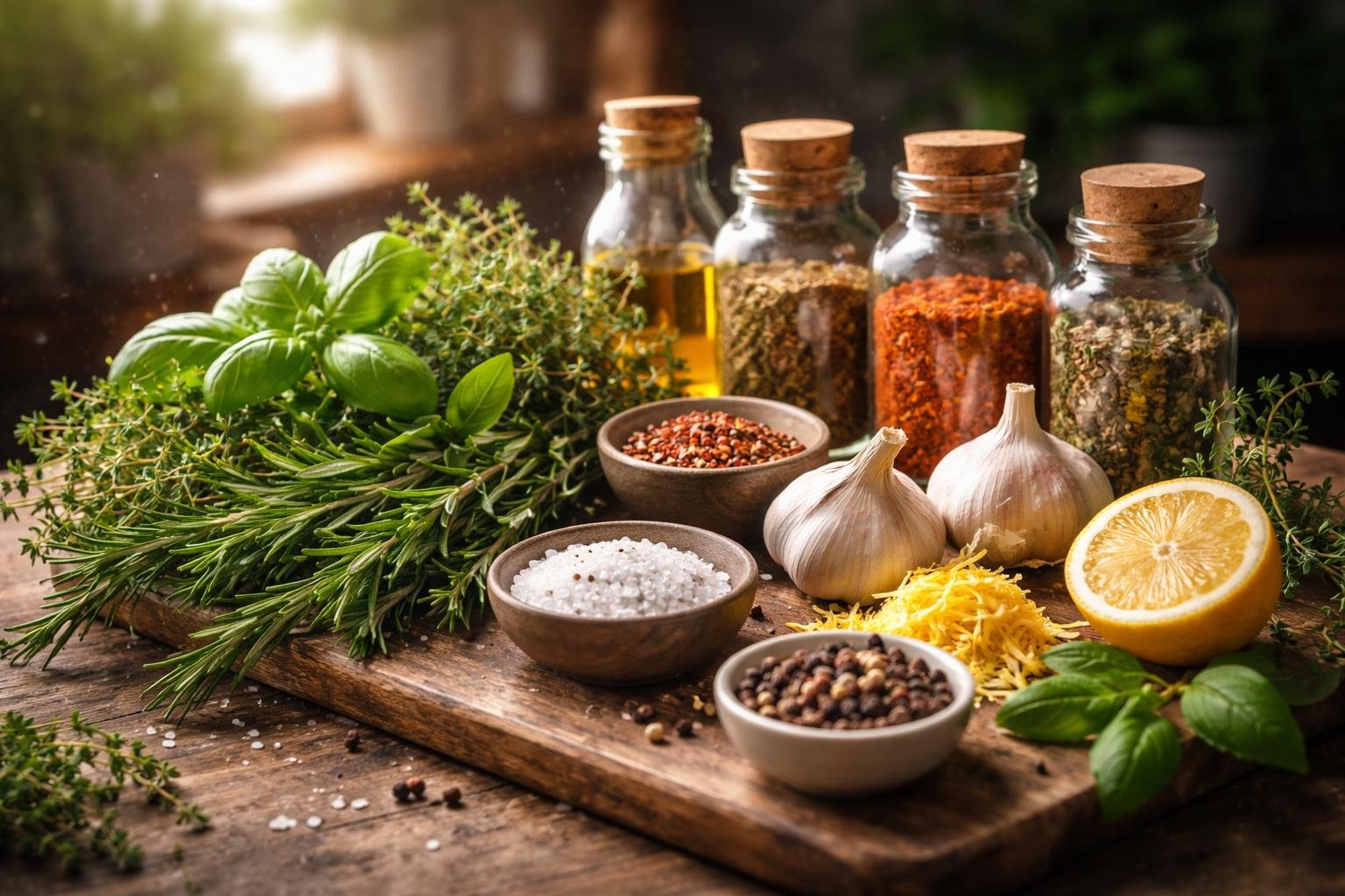 Close-up view of fresh herbs, spices, garlic, lemon zest, and bowls of salt and pepper arranged on a kitchen countertop.