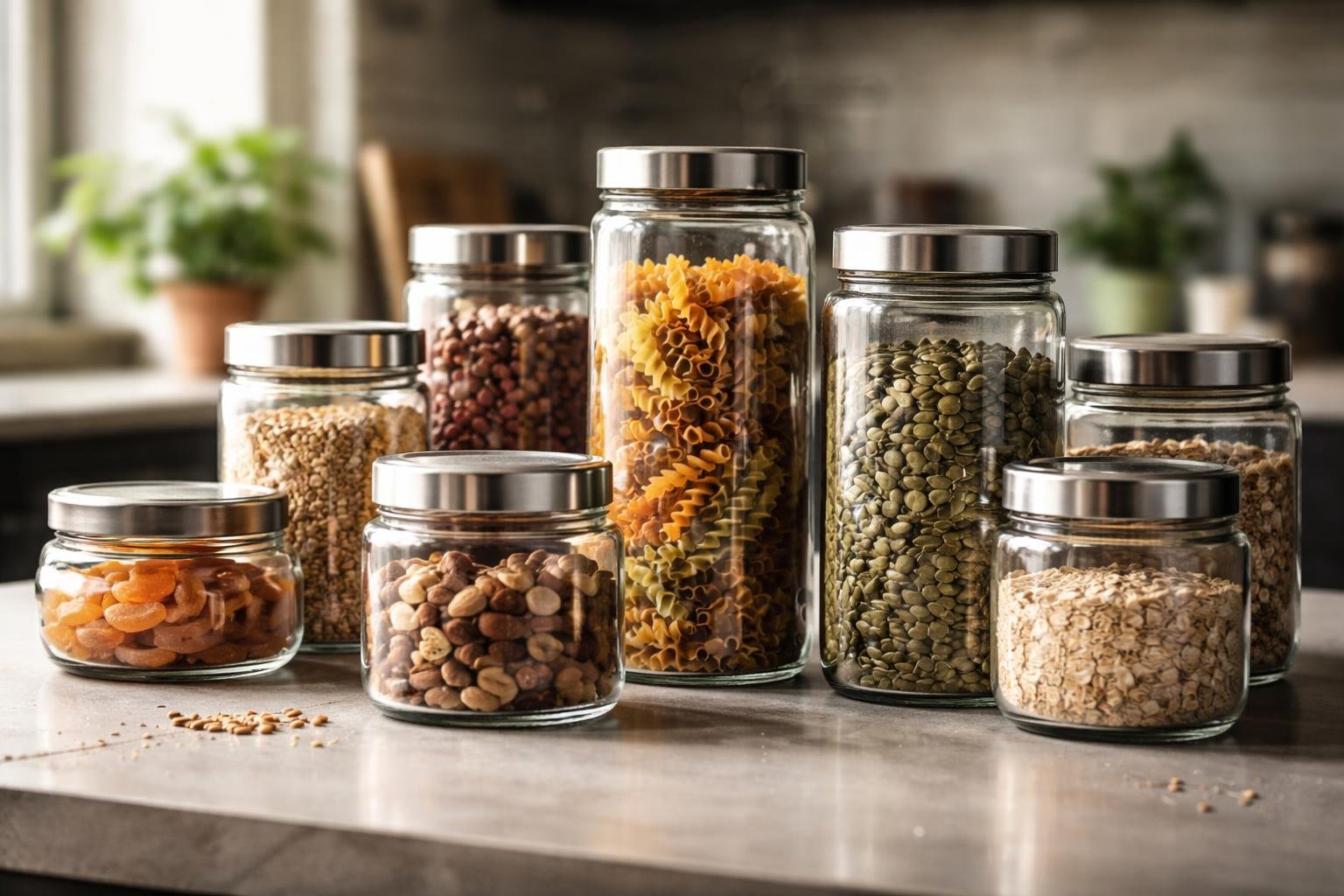 A kitchen countertop with clear glass and stainless steel food storage containers filled with dried goods arranged neatly.