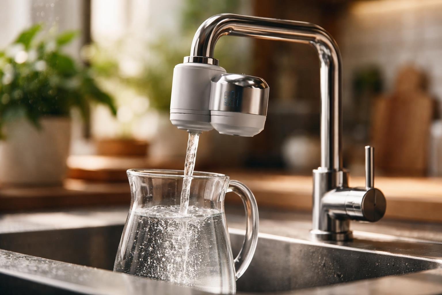 A close-up of a kitchen faucet with a water purifier attached, filtering water into a glass pitcher on a countertop.