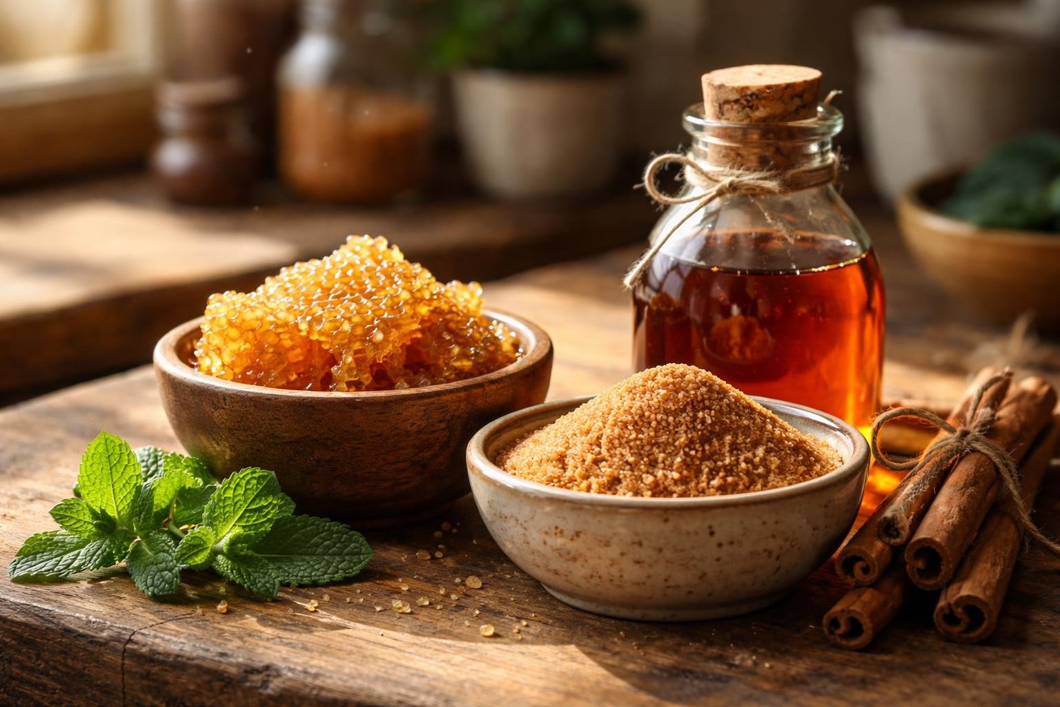A wooden kitchen countertop with bowls of raw honeycomb, maple syrup, coconut sugar, fresh mint, and cinnamon sticks arranged naturally.