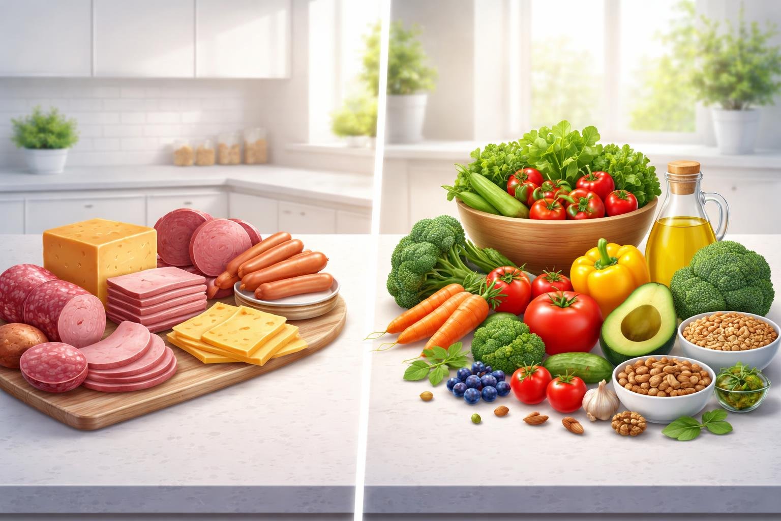 A kitchen countertop showing processed meats and cheeses on one side and fresh fruits, vegetables, nuts, and whole grains on the other side.