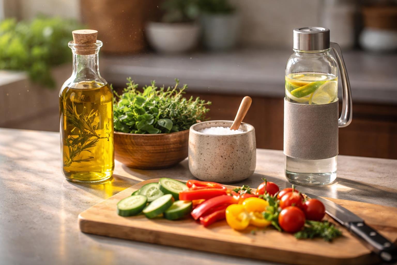 Close-up view of a kitchen countertop with olive oil, fresh herbs, sea salt, sliced vegetables on a cutting board, and a glass water bottle.